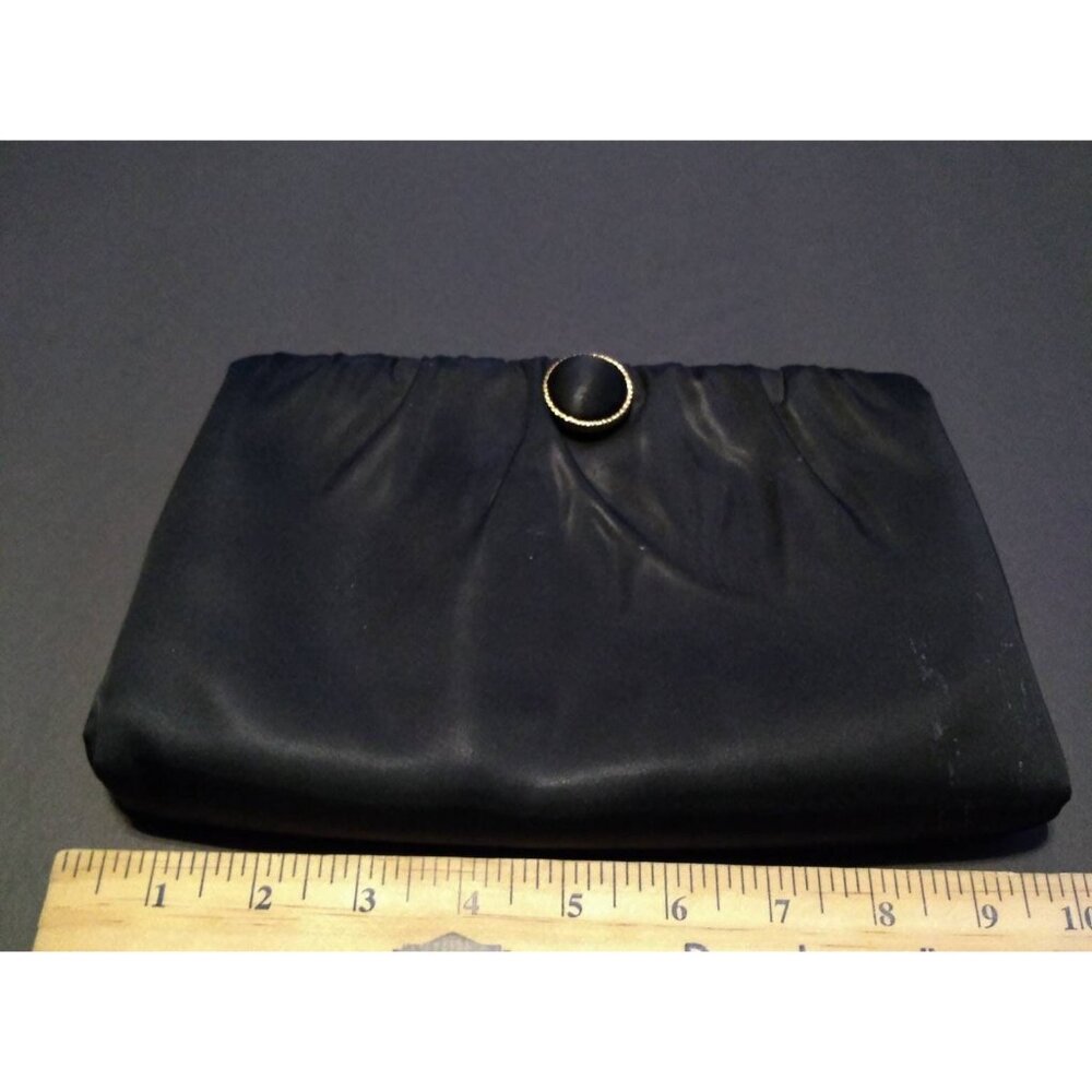 Vintage Black satin clutch handbag purse bag clasp retractable Chain Handle AsIs - Picture 9 of 10